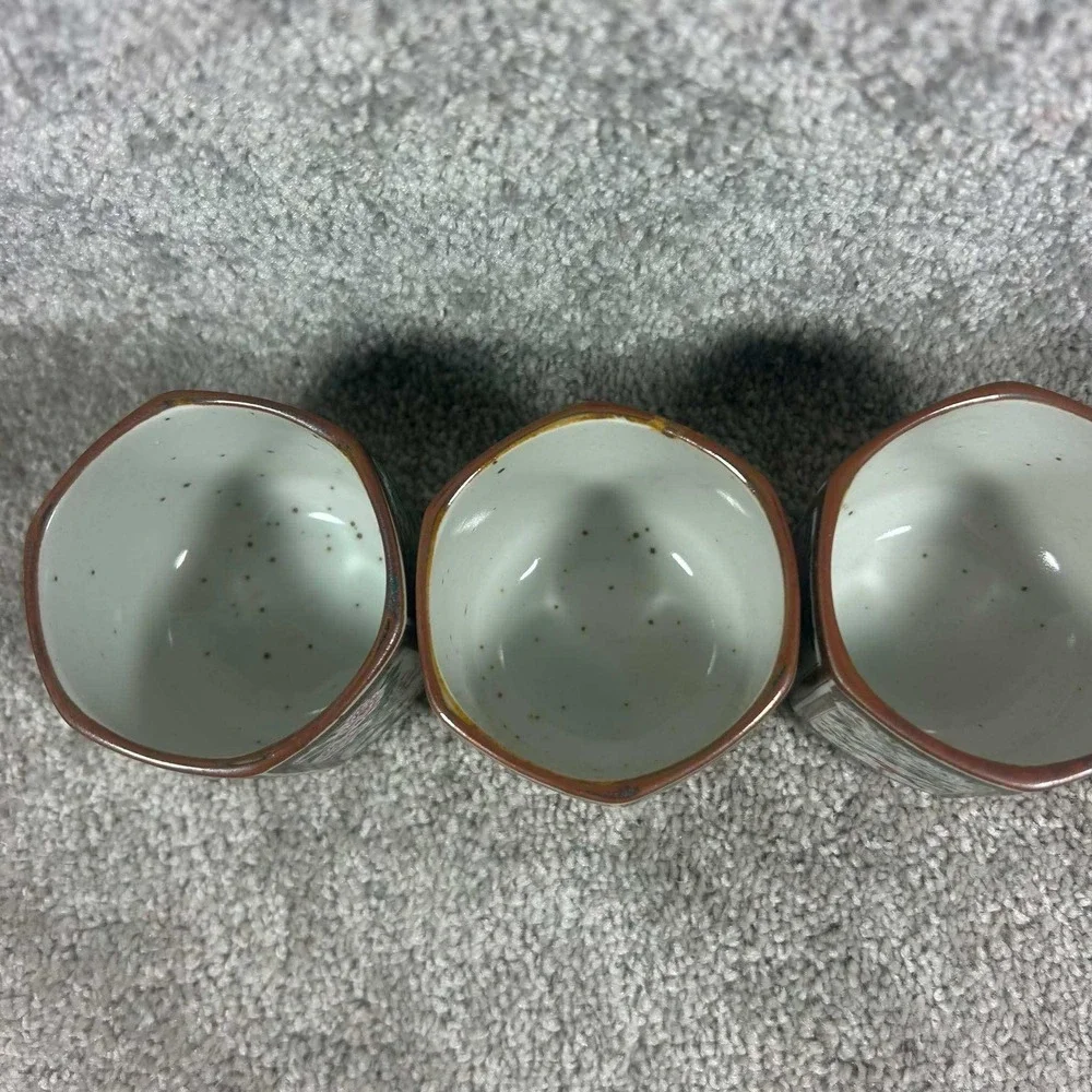 Hexagonal Tea Cups White Brown Floral Bird Ceramic Set of 3